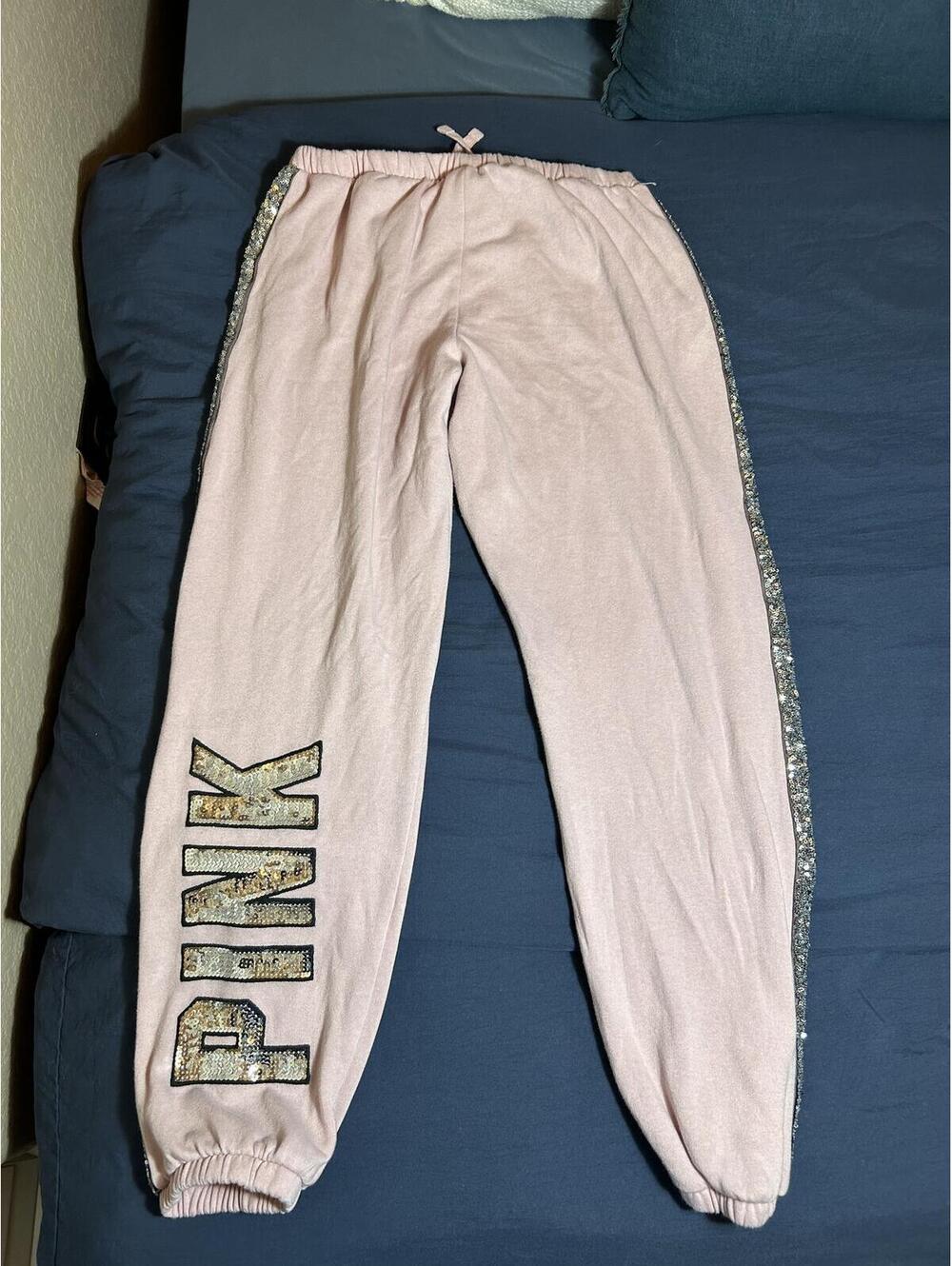 PINK Victoria's Secret Light Pink Sequin Side Stripe Jogger Sweatpants Size M - Picture 2 of 4